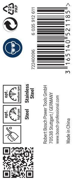Barcode, '722400', '3165', 'China'; Kreissymbole für 'opt.' mittlere und hohe U/min; 'Edelstahl', 'Stuttgart/Deutschland'. Bosch-Markierung.