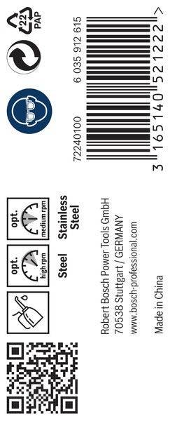 Barcode und Firmendaten der Bosch Power Tools GmbH, einschließlich Symbole, die mittlere und hohe Drehzahl für Edelstahl anzeigen.