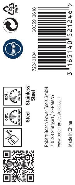 Nahaufnahme eines Etiketts mit optimalen Drehzahleinstellungen für Edelstahlwerkzeuge. Enthält Barcode und Adresse: 'Bosch Power Tools GmbH, Stuttgart, Deutschland'.