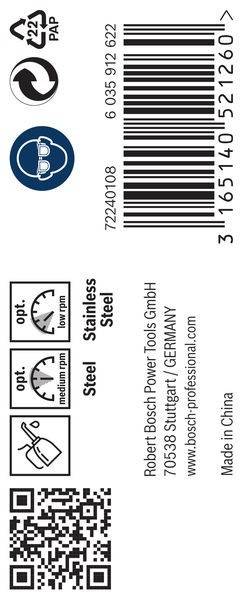 Barcode und Produktinformationen für Bosch Power Tools GmbH, einschließlich optimaler und mittlerer Drehzahlanzeigen für Edelstahl.