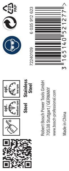 Bosch Power Tools GmbH, Stuttgart, Deutschland' und Symbole, die die optimale und mittlere Drehzahl für Edelstahl anzeigen. Barcode oben rechts.
