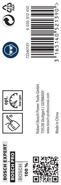 Das Bild zeigt einen Drehregler mit der Aufschrift 'opt. low rpm' und einem Bohrmaschinen-Symbol. Der Text lautet 'Bosch Power Tools GmbH, Stuttgart, DEUTSCHLAND, www.bosch-professional.com, Hergestellt in China'.