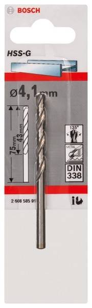 Nahaufnahme eines Metallbohrers in seiner Verpackung. Die Verpackung zeigt Spezifikationen: 75 mm Länge, 43 mm Bohrteufe, für Metall entwickelt, DIN-338-Norm und einen Spitzenwinkel von 135°.