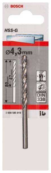 Ein Metallbohrer mit Maßen: 80 mm Länge, 47 mm Bohrtief. Für Metallbearbeitung gekennzeichnet, mit einem Spitzenwinkel von 135°, entsprechend der DIN-338-Norm.
