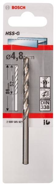 Metallbohrer, 86 mm Gesamtlänge, 52 mm Arbeitslänge, mit 135-Grad-Spitze, geeignet für Metall, entspricht DIN 338-Norm.