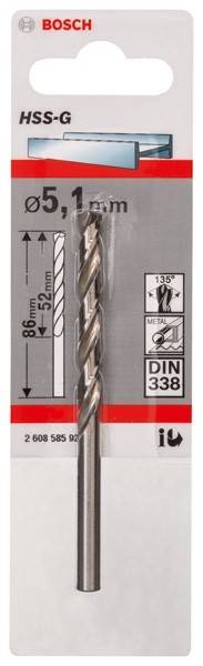 Nahaufnahme einer Bohreretuschette mit einem Metallbohrer, beschriftet mit '135°', 'METALL', 'DIN 338', mit Maßangaben '86 mm' und '52 mm'.