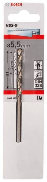 Eine Nahaufnahme einer Metallbohrer-Verpackung, die die Größe '5' und die Länge '93mm' zeigt. Etiketten weisen auf Kompatibilität mit Metall und Konformität mit DIN 338-Normen hin.