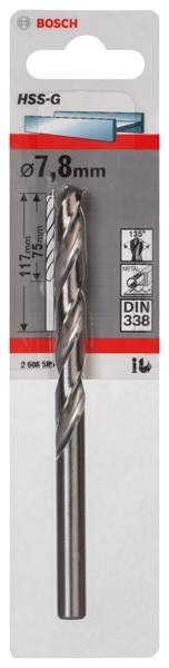 Eine Nahaufnahme eines Metallbohrers mit einer Etikette, die Spezifikationen anzeigt: ‚DIN 338' für Metall, Länge ‚117 mm'. Die Verpackung zeigt den Bohrertyp und die Abmessungen.