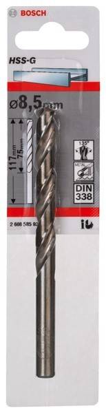 Eine Nahaufnahme eines Metallbohrers in Verpackung, gekennzeichnet als DIN 338, konzipiert zum Metallbohren, mit einem roten Streifen und Produktcode.