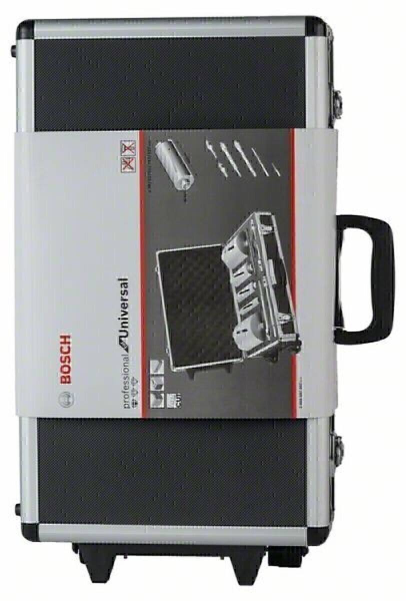 Eine geschlossene Bosch Profi-Werkzeugbox mit Griff, mit beschrifteten Bildern von Bohrern und einer Transporttasche, die ihren universellen Einsatz bewirbt.
