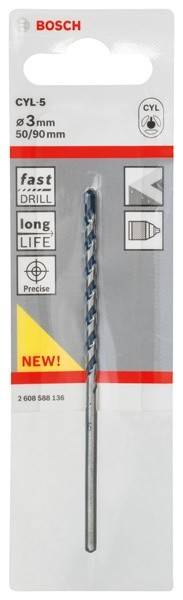 Bohrer mit Verpackungsetiketten: 'lange LEBENSDAUER', 'Präzise' und 'NEU!'. Zeigt ein Zylinder-Symbol, das die Kompatibilität mit einem Werkzeug oder einer Maschine andeutet.