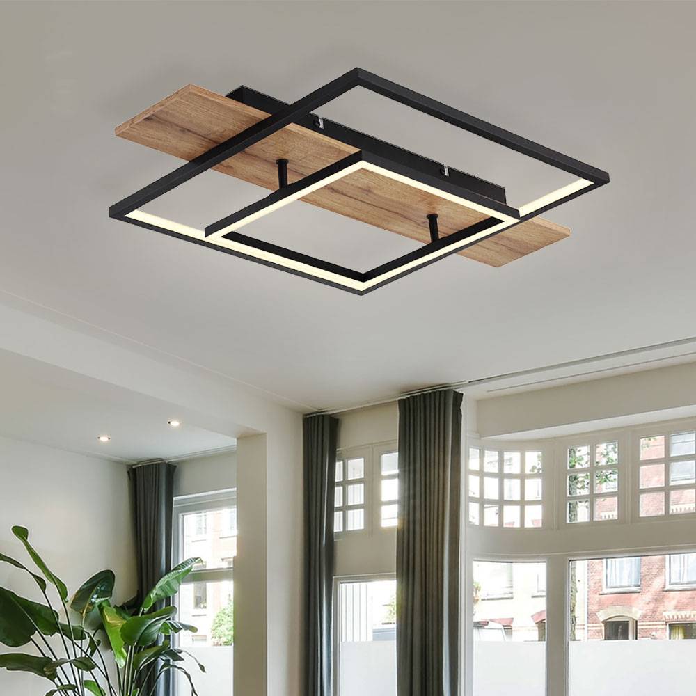 Deckenleuchte Esszimmer Deckenlampe Memory Funktion 3 Stufen Holzoptik LED mit Holzoptik, Aluminium Metall schwarz, 1x LED 24W 1100Lm warmweiß