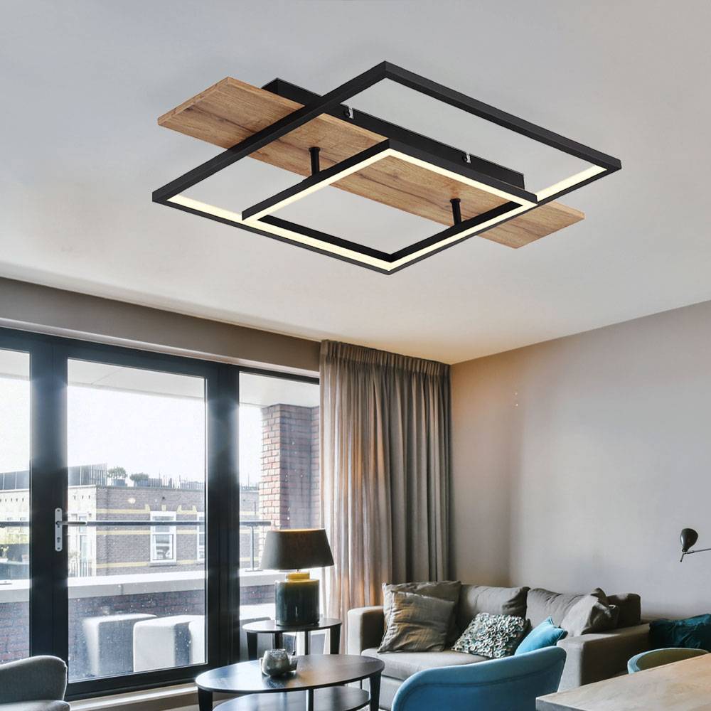 Deckenleuchte Esszimmer Deckenlampe Memory Funktion 3 Stufen Holzoptik LED mit Holzoptik, Aluminium Metall schwarz, 1x LED 24W 1100Lm warmweiß