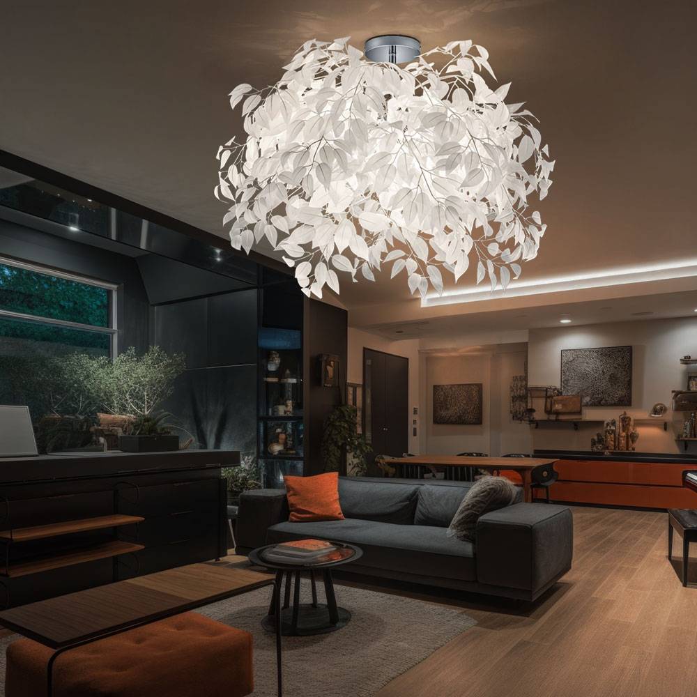 Deckenleuchte weiß Deckenlampe 3 flammig Wohnzimmerleuchte Blätterleuchte, chrom, rund, 3x E14, DxH 70x73 cm