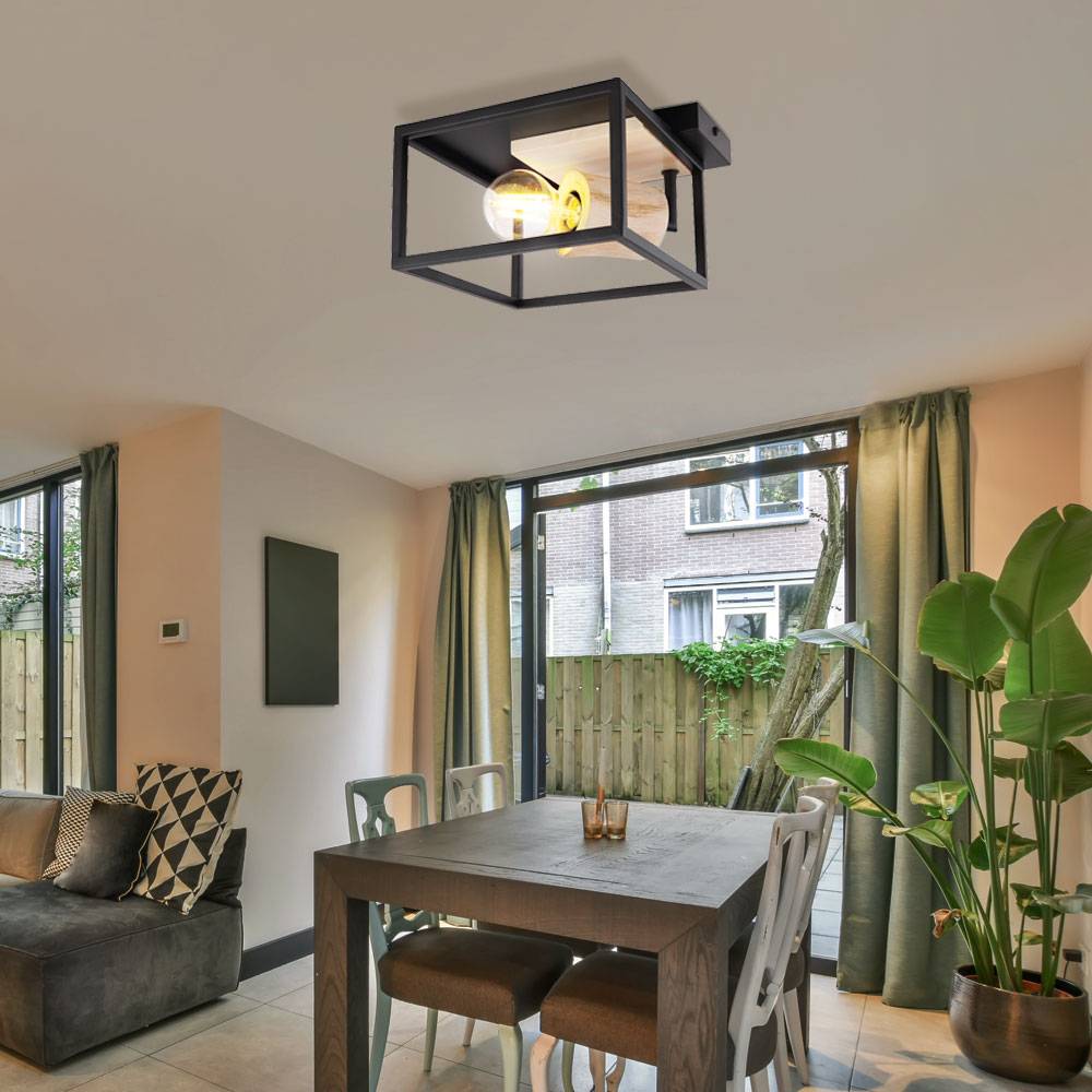 Deckenlampe Retro Holzleuchte Deckenleuchte schwarz Gestell Deckenstrahler verstellbar, Metall naturfarben 1x E27, HxLxB 14,5x22x22 cm