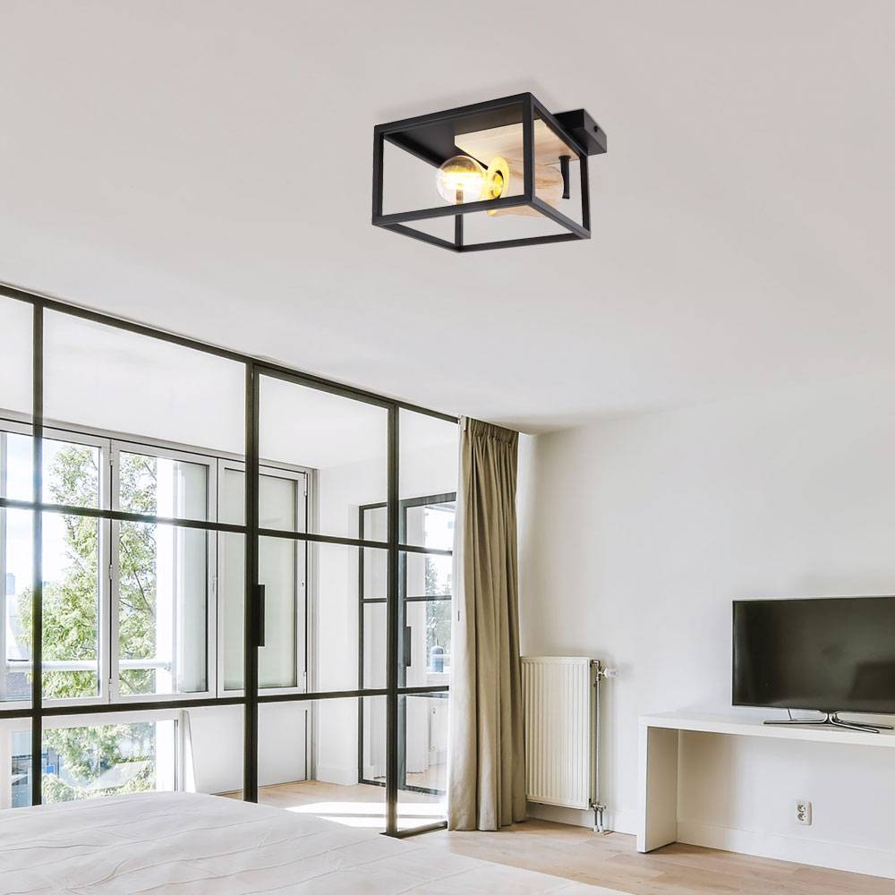 Deckenlampe Retro Holzleuchte Deckenleuchte schwarz Gestell Deckenstrahler verstellbar, Metall naturfarben 1x E27, HxLxB 14,5x22x22 cm