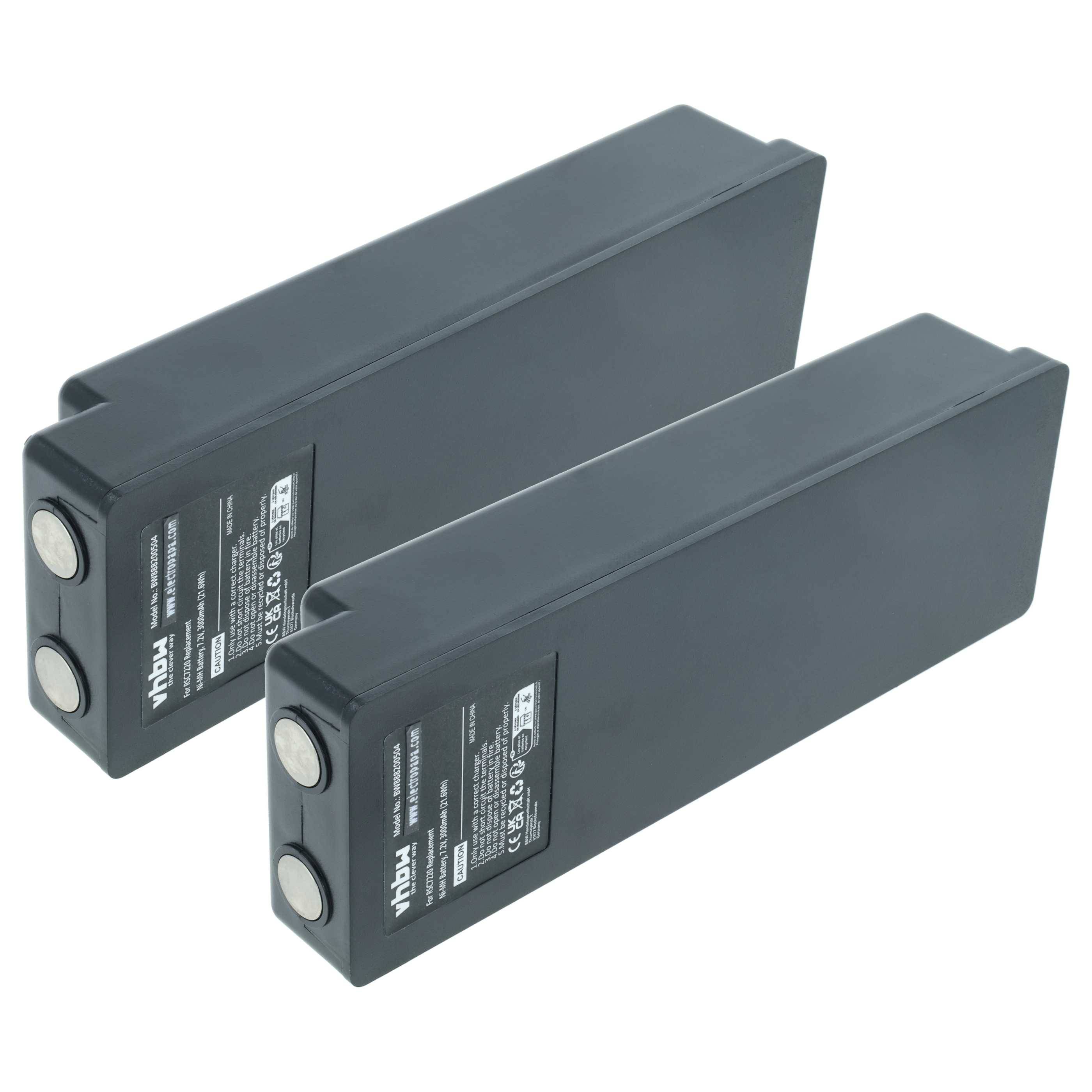 Zwei große schwarze wiederaufladbare Batterien mit silbernen Anschlüssen. Aufkleber auf den Batterien zeigen technische Spezifikationen und Markennamen an.