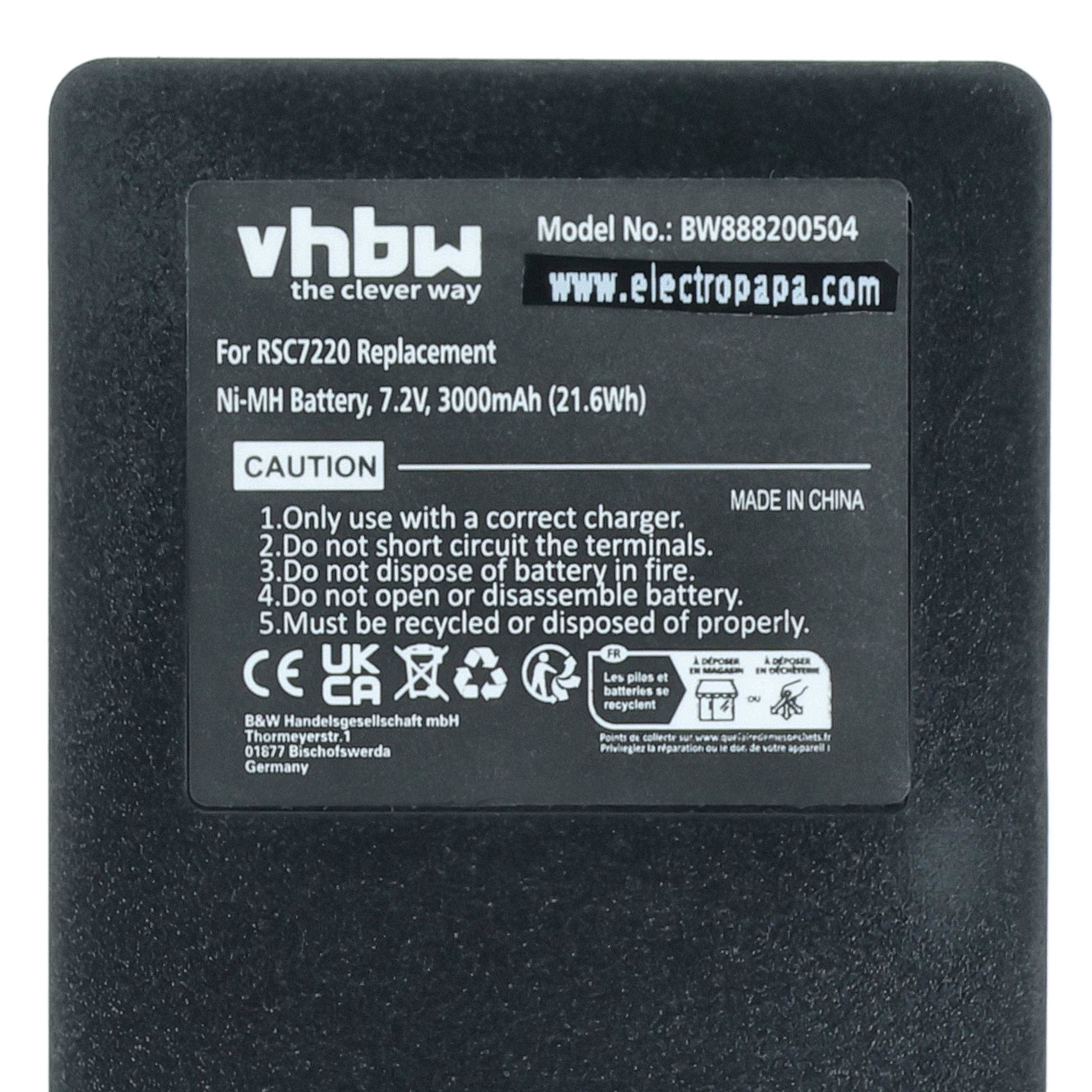 Batteriepack mit Bezeichnung 'vhbw the clever way'. Ersatzteil für RSC7220, 7,2V, 3000mAh. Wichtige Vorsichtsmaßnahmen: Nicht kurzschließen, auseinandernehmen oder ins Feuer werfen. Hergestellt in China.
