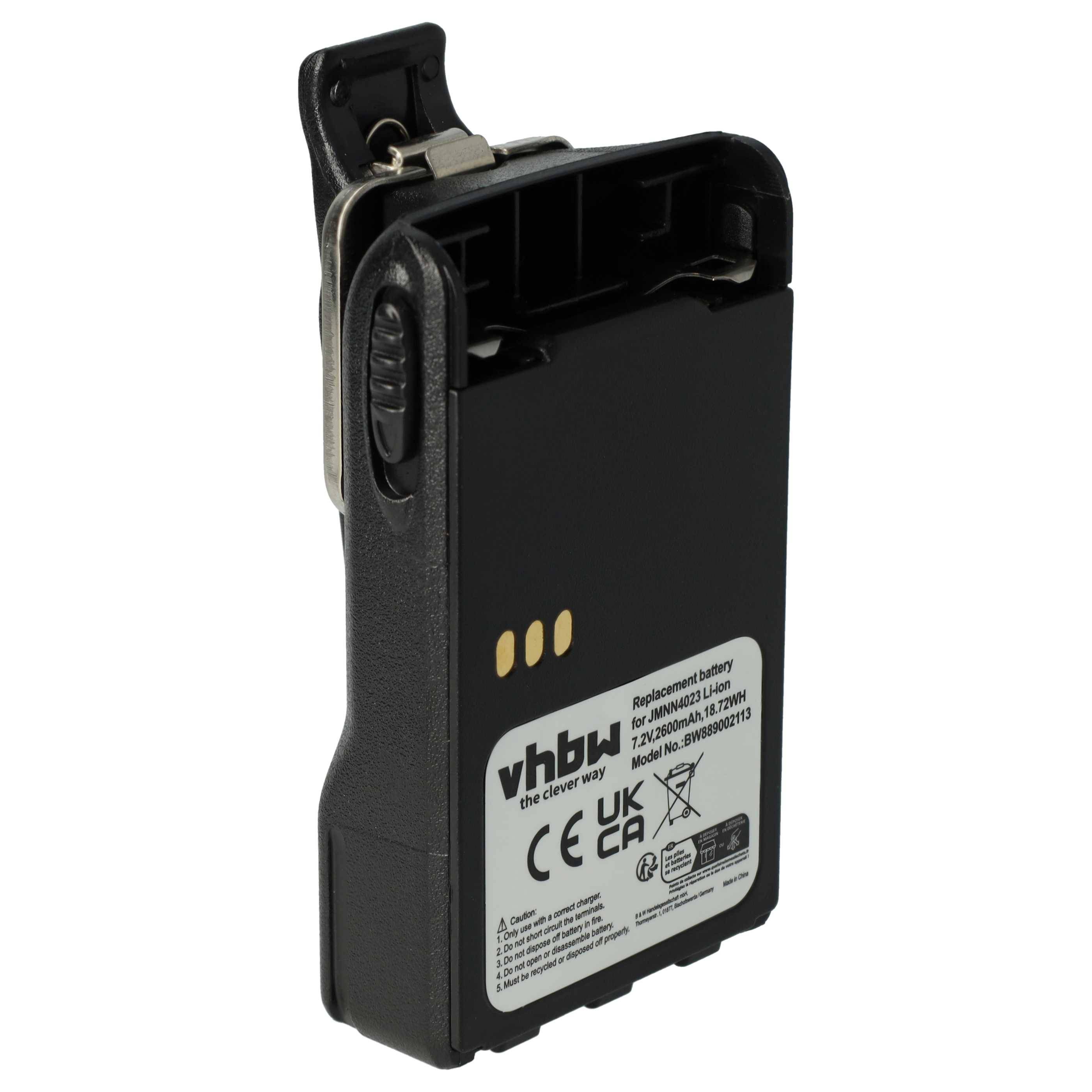 vhbw Akku kompatibel mit Motorola EX560XLS, EX600, EX560 XLS, EX500, EX560 Funkgerät, Walkie Talkie (2600 mAh, 7,2 V, Li-Ion) + Gürtelclip