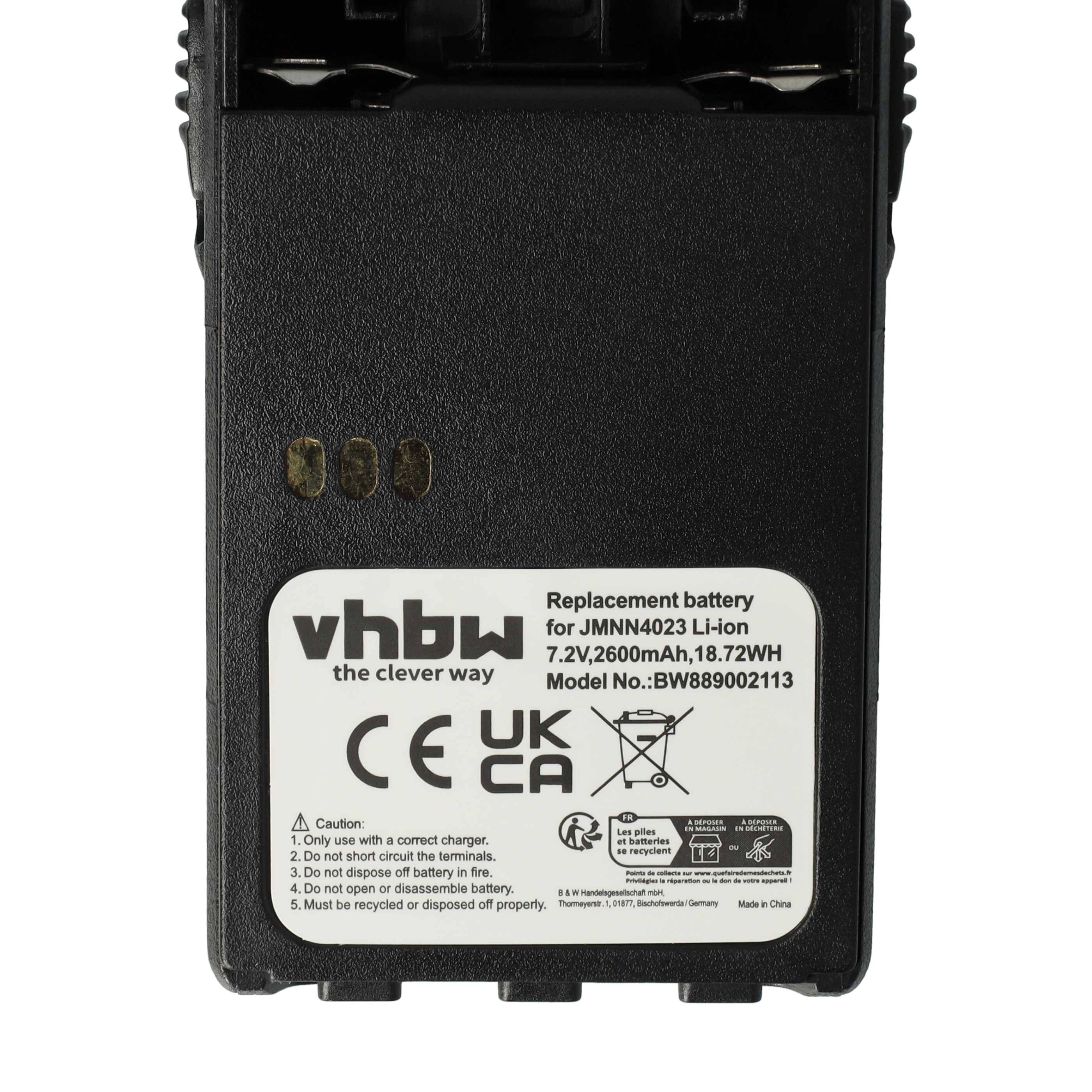 vhbw Ersatzbatterie für JMNB4023 Li-Ion, 7,2V, 2600mAh, 18,72Wh.' CE, UKCA-Kennzeichen, Sicherheitswarnungen und Recycling-Symbole.