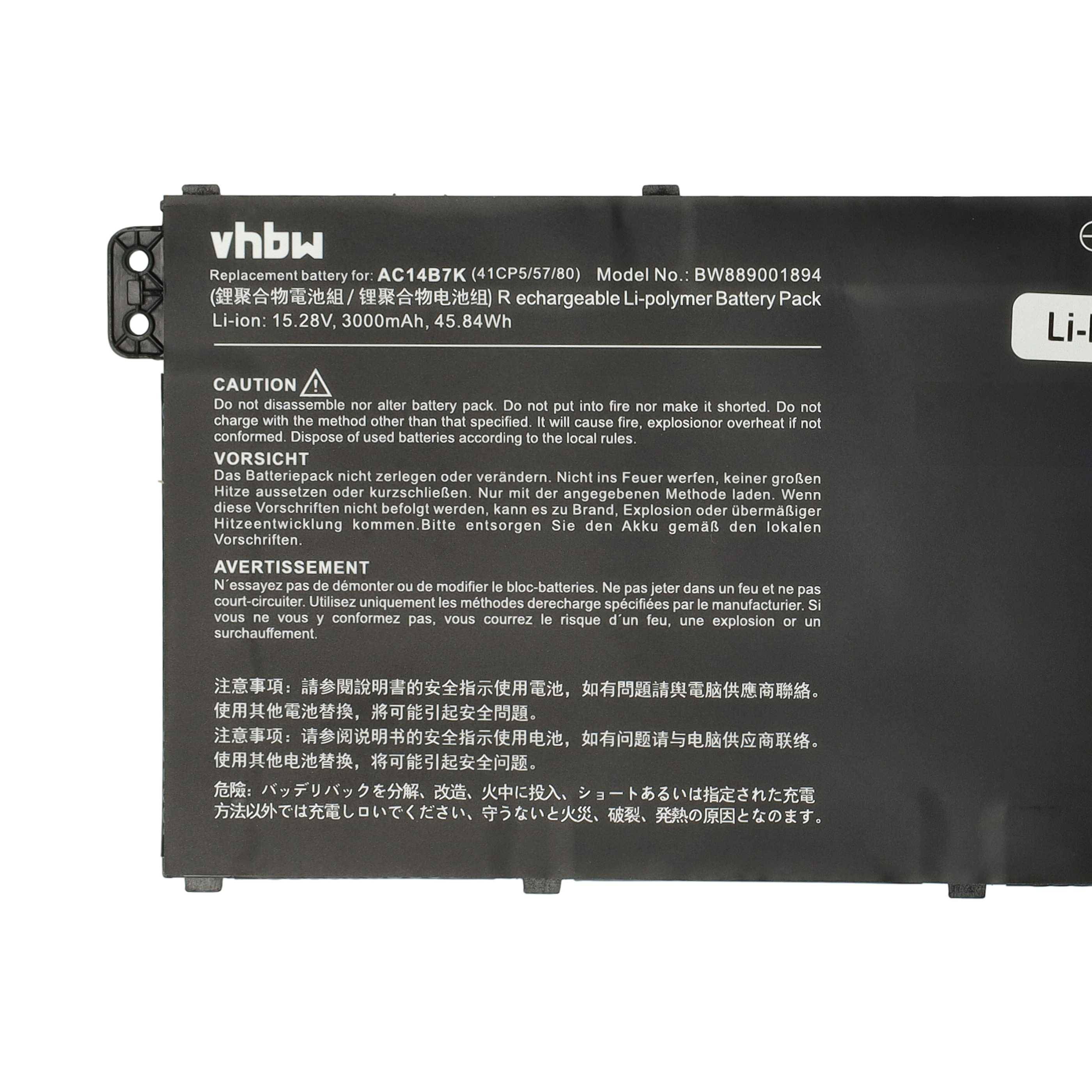 vhbw Akku Ersatz für Acer AC14B7K für Notebook (3000 mAh, 15,28 V, Li-Polymer)
