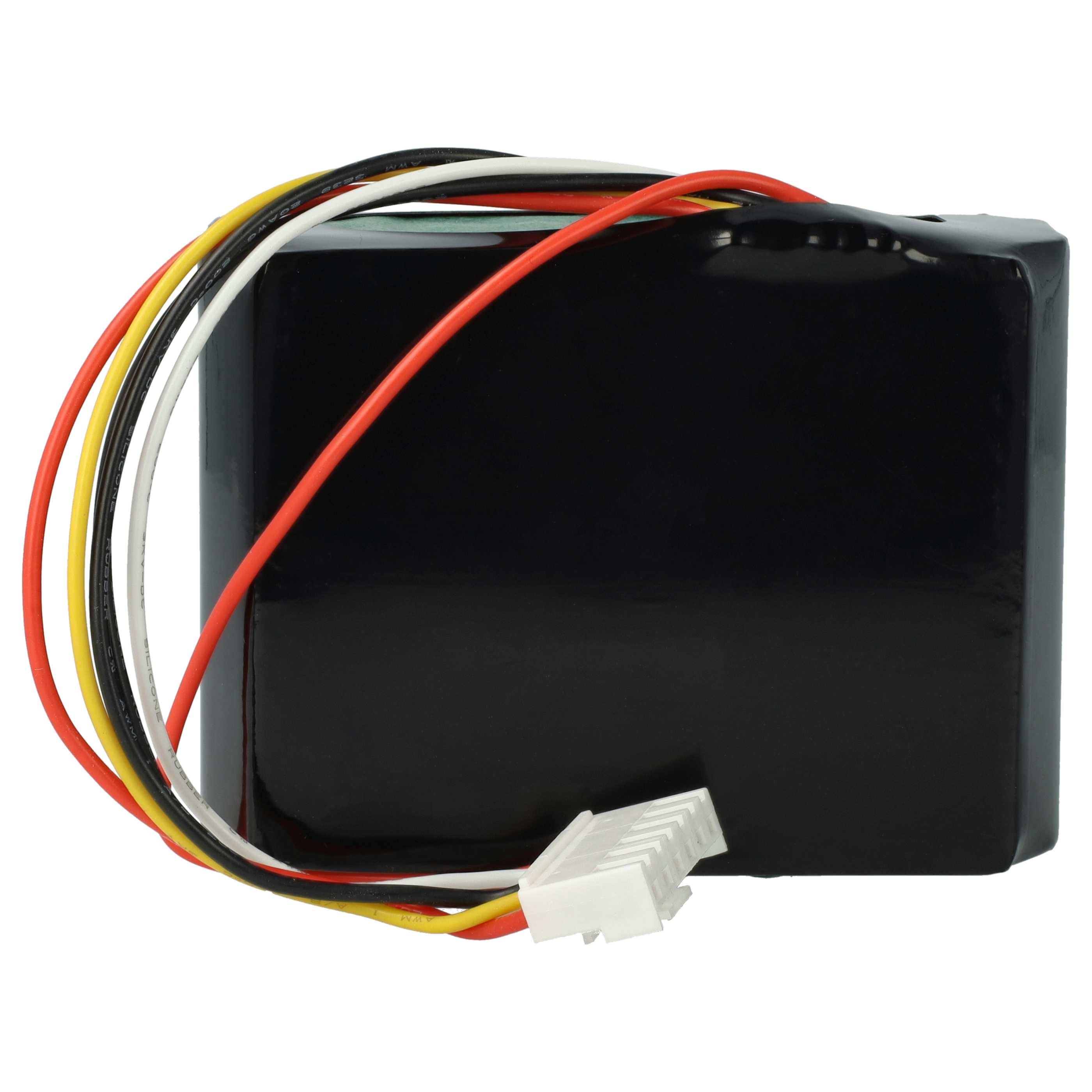 Eine schwarze rechteckige Batteriebox mit drei farbigen Kabeln (rot, gelb und schwarz), die in einem weißen Stecker enden.