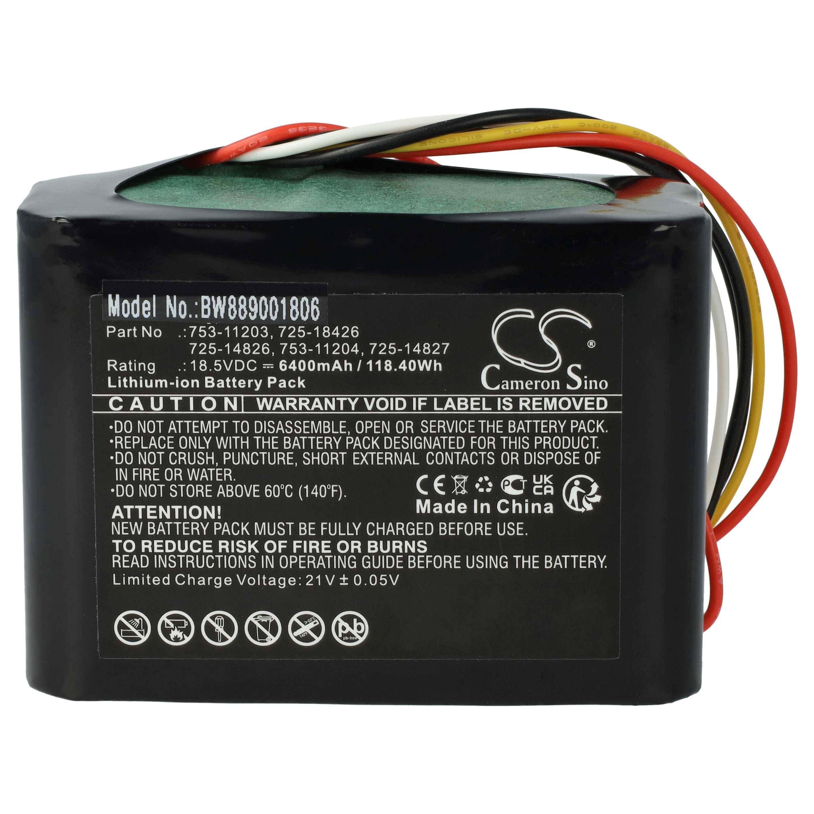 Batterie mit Spezifikationen: Modell BW889001806, 18,5V, 6400mAh, 118,40Wh. Enthält Sicherheitshinweise und eine 