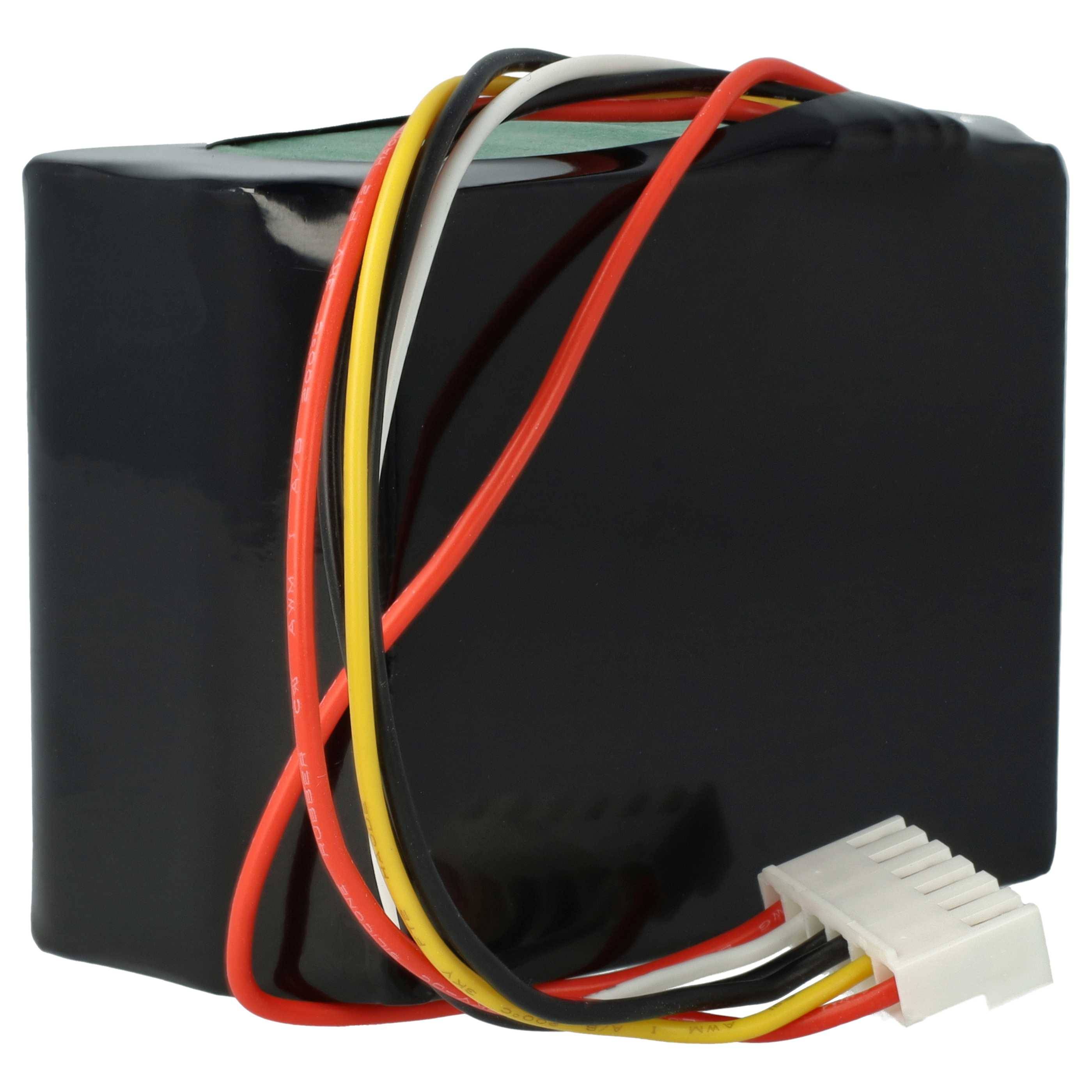 Ein schwarzer rechteckiger Akkupack mit roten, gelben und schwarzen Kabeln, die an einen weißen Stecker angeschlossen sind.