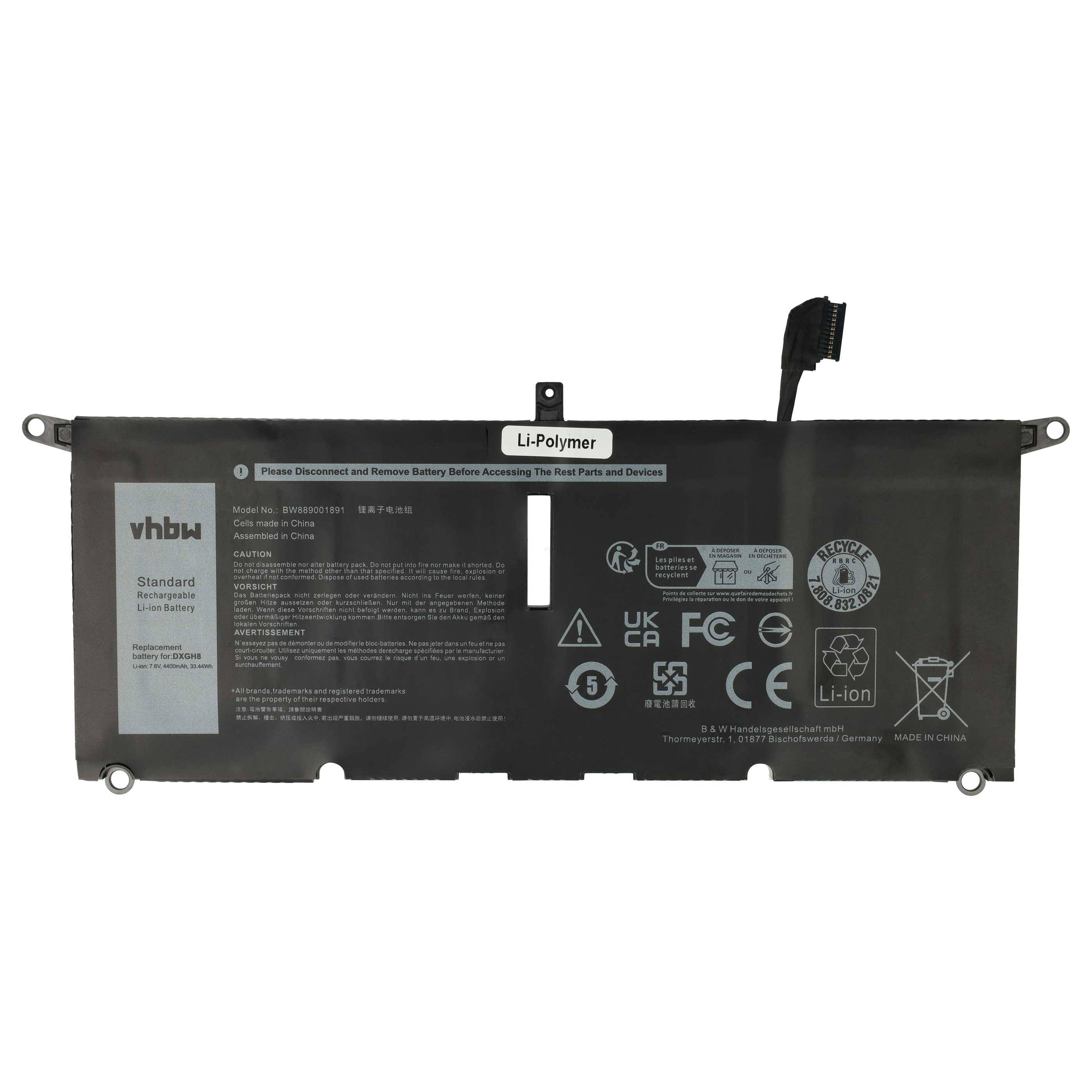 vhbw Akku Ersatz für Dell H754V, DXGH8, P113G001, 0V48RM, 0H754V, HK6N5, DGV24 für Notebook (4400 mAh, 7,6 V, Li-Polymer)