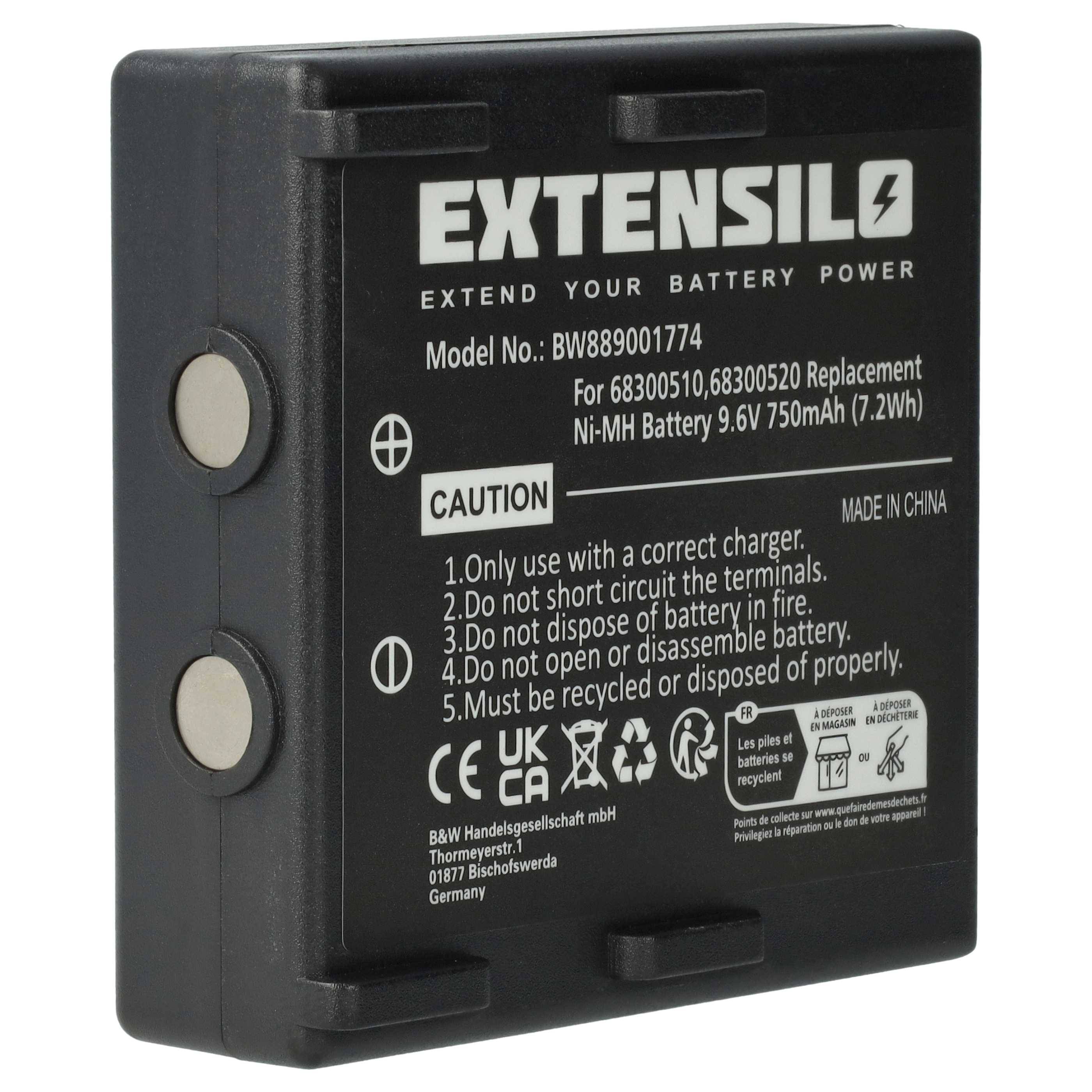 EXTENSILO Akku Ersatz für Hetronic NM19HB, KH68300520.A, RHE9608KY für Industrie-Funkfernsteuerung Fernbedienung (750 mAh, 9,6 V, NiMH) - Schwarz