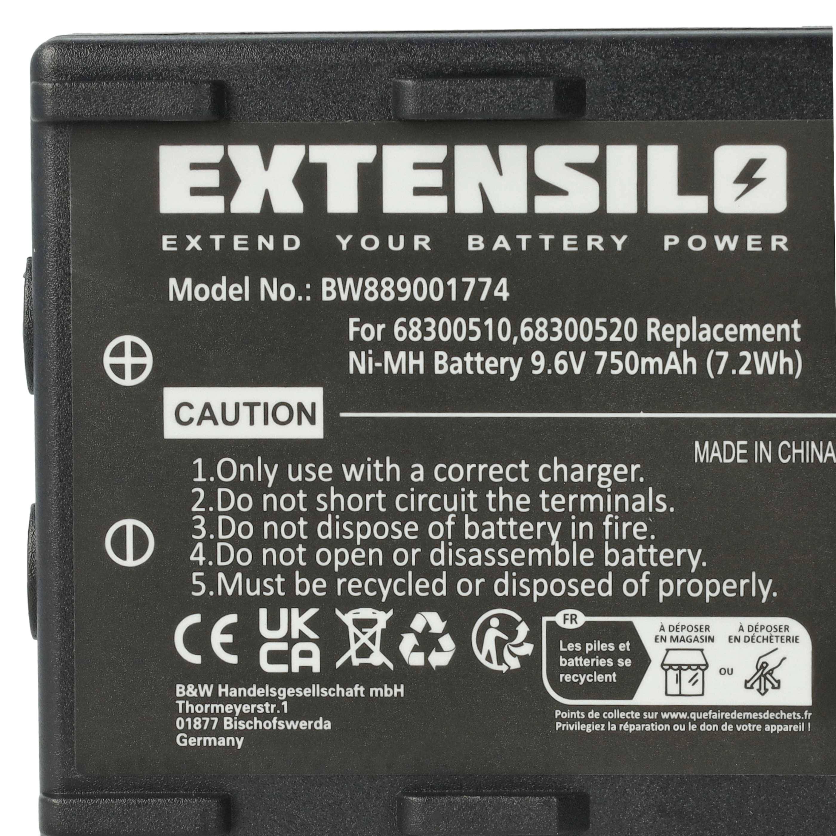 EXTENSILO Akku Ersatz für Hetronic NM19HB, KH68300520.A, RHE9608KY für Industrie-Funkfernsteuerung Fernbedienung (750 mAh, 9,6 V, NiMH) - Schwarz