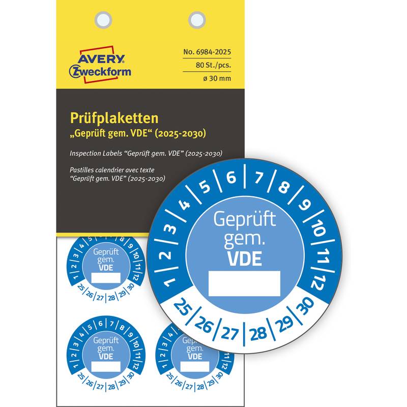 AVERY Zweckform Prüfplaketten "Geprüft gem. VDE", 2025-2030