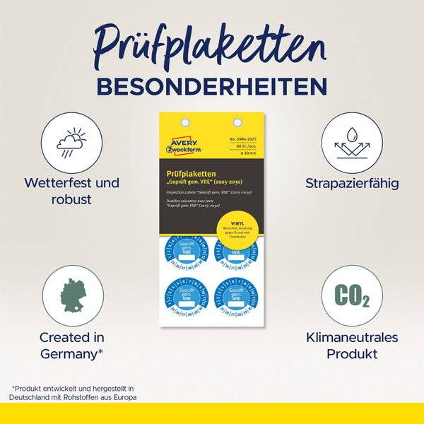 Prüfplaketten Geprüft gemäß VDE 2025-2030 Vinyl 30mm 80 Stück