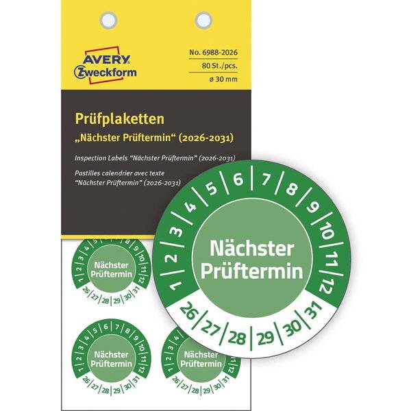 Prüfplaketten Nächster Prüftermin 2026-2031 Vinyl 30mm 80 Stück
