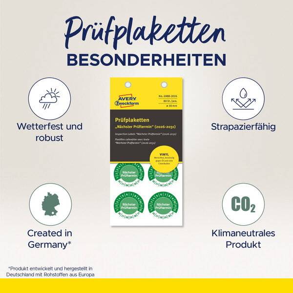 Prüfplaketten Nächster Prüftermin 2026-2031 Vinyl 30mm 80 Stück