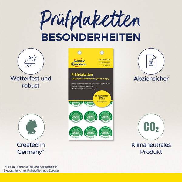 Prüfplaketten Nächster Prüftermin 2026-2031 NoPeel 20mm 120 Stück