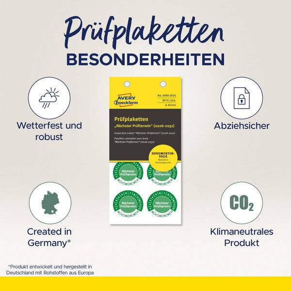 Prüfplaketten Nächster Prüftermin 2026-2031 NoPeel 30mm 80 Stück