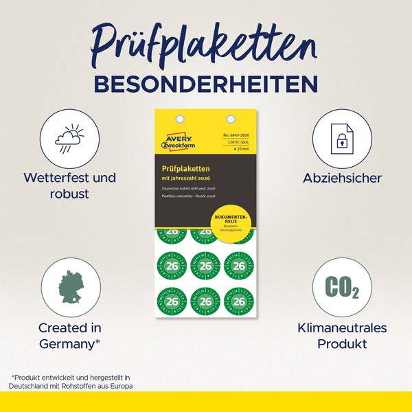 Prüfplaketten 2026 NoPeel 20mm 120 Stück
