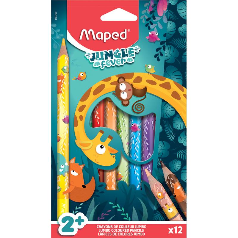Maped Jungle Fever' Buntstifte-Pack mit 12 Jumbo-Buntstiften. Die Verpackung zeigt Illustrationen von Tieren im Dschungel-Stil.