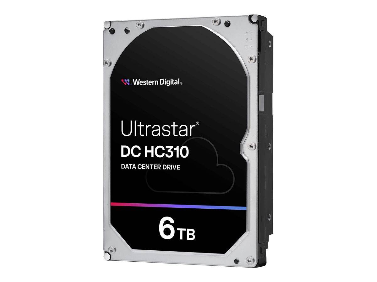 Ein 6-TB-Western-Digital-Ultrastar-DC-HC310-Datenspeicherlaufwerk, dargestellt in einem schwarzen Gehäuse mit Branding und Kapazitätsangabe auf der Vorderseite.