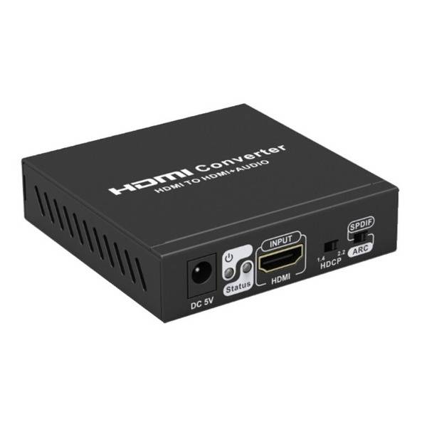 Ein schwarzer HDMI-Konverter mit gekennzeichneten Anschlüssen, einschließlich DC 5V, Status-LED, HDMI-Eingang, SPDIF-Ausgang und ARC-Schalter auf einer Seite.