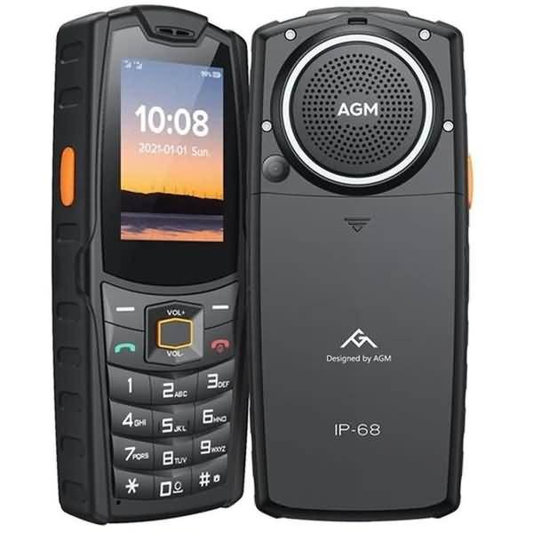 Vorder- und Rückansicht eines robusten schwarzen AGM-Ruggedphones mit kleinem Bildschirm, Tastatur, großem Rücklautsprecher und IP-68-Zertifizierung.