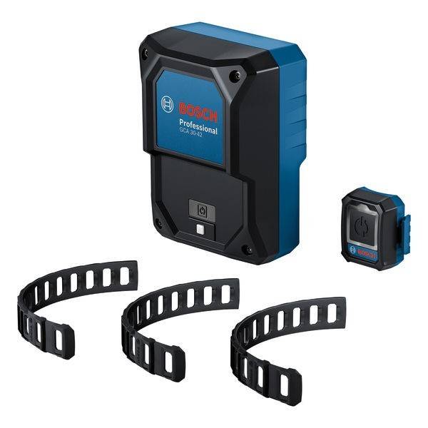Bosch Professional Lasernivelliergerät mit Befestigungsriemen und Fernbedienung, verwendet für präzise Nivellierung und Ausrichtung im Baugewerbe.
