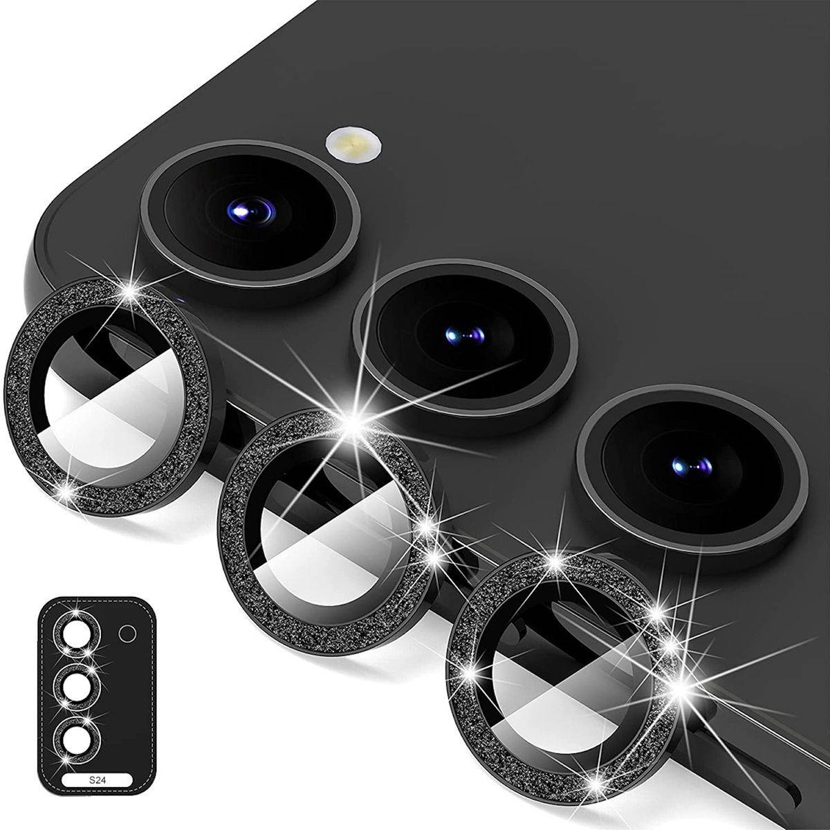 Für Samsung Galaxy S24 Aluminium Glitzer Ring Kamera + H9 Hart Glas Schwarz