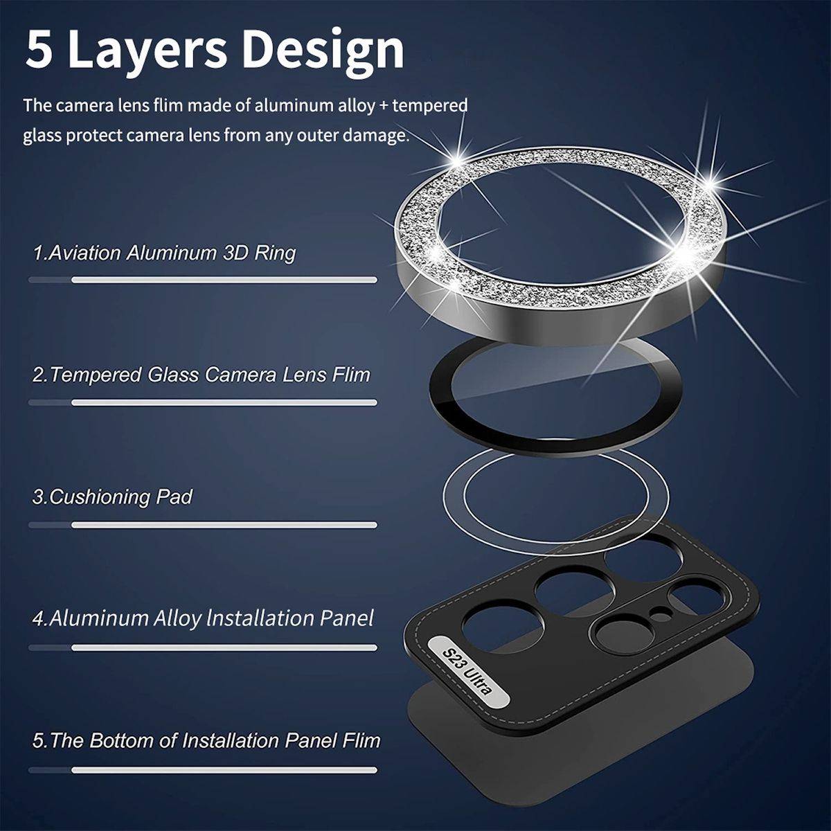 Für Samsung Galaxy S24 Aluminium Glitzer Ring Kamera + H9 Hart Glas Schwarz