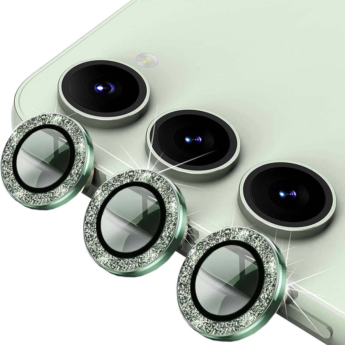 Für Samsung Galaxy S24 Aluminium Glitzer Ring Kamera + H9 Hart Glas Grün