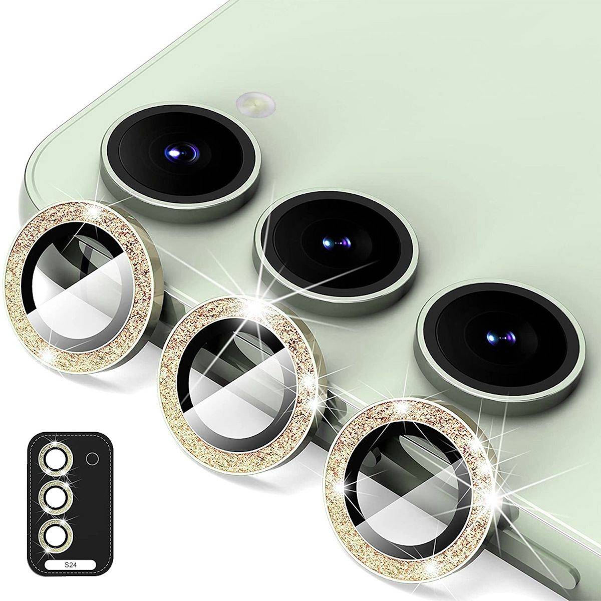 Für Samsung Galaxy S24 Aluminium Glitzer Ring Kamera + H9 Hart Glas Gold