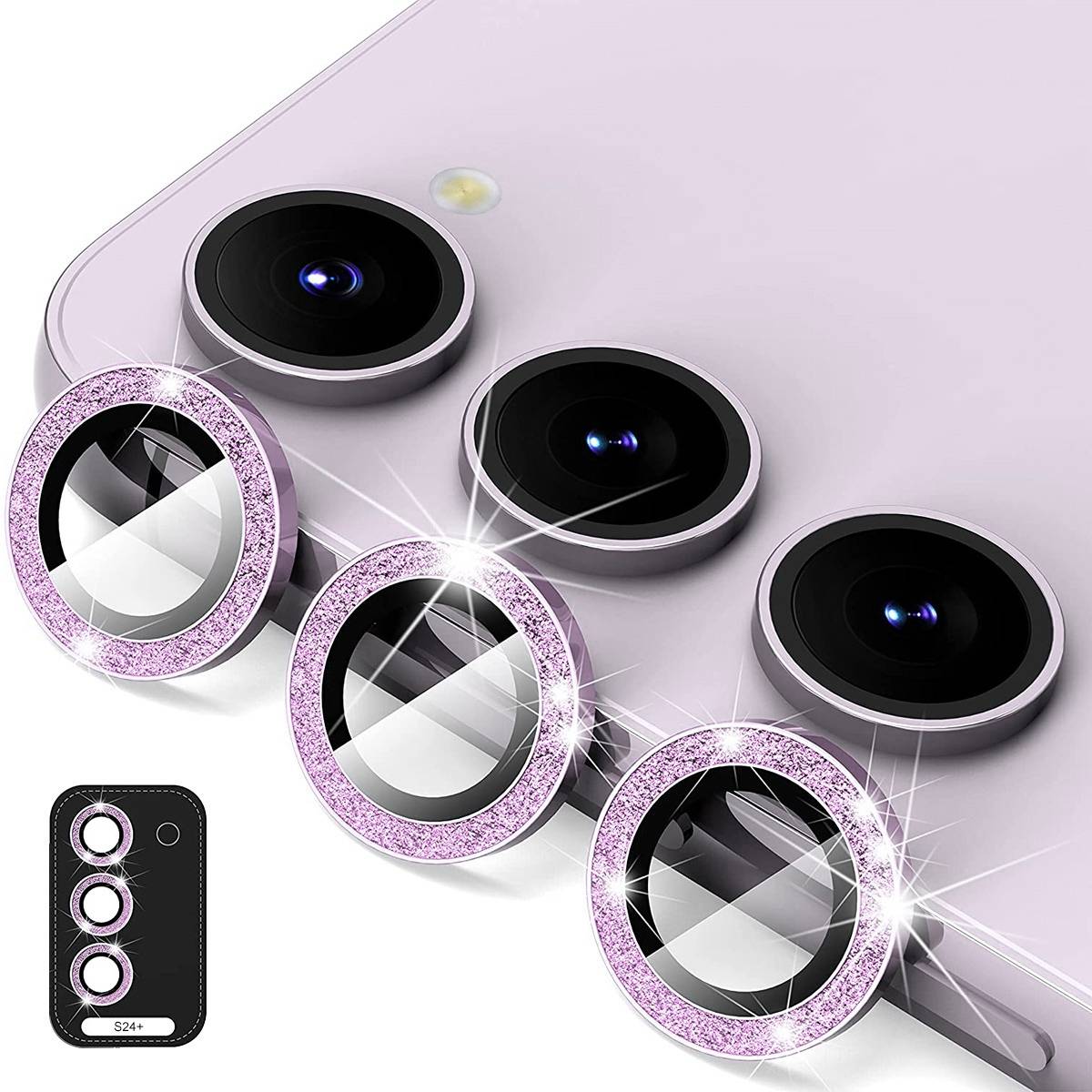 Für Samsung Galaxy S24 Plus Aluminium Glitzer Ring Kamera + H9 Hart Glas Lila
