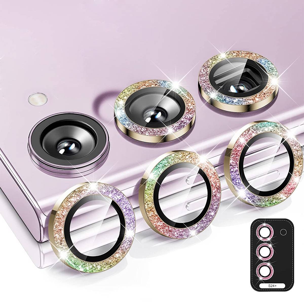 Für Samsung Galaxy S24 Plus Aluminium Glitzer Ring Kamera + H9 Hart Glas Bunt