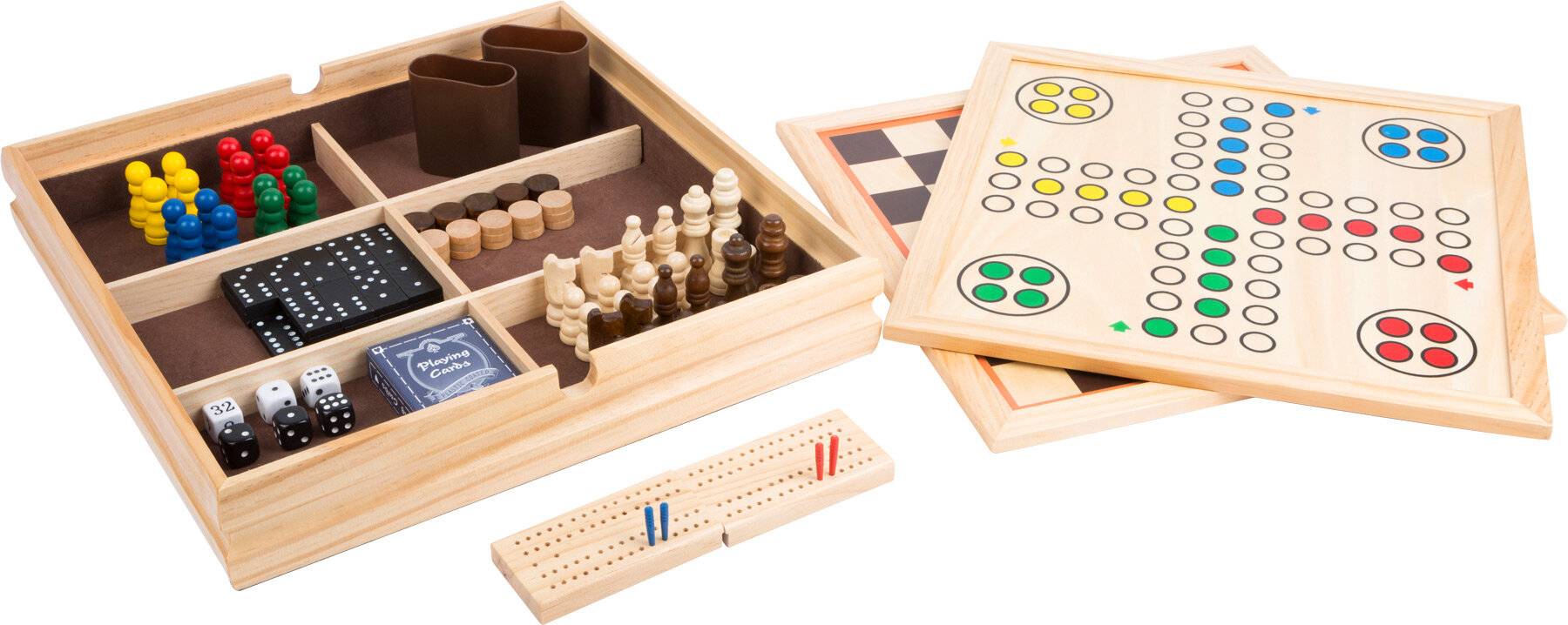 Holzspielset mit einem Ludo-ähnlichen Spielbrett, Würfeln, Spielfiguren und klassischen Brettspielfiguren in einer Aufbewahrungsbox.
